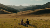 Couple sitting on mountain peak enjoying sunset generated by AI
