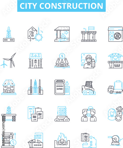 City construction vector line icons set. Urbanization, architecture, infrastructure, building, redevelopment, planning, growth illustration outline concept symbols and signs