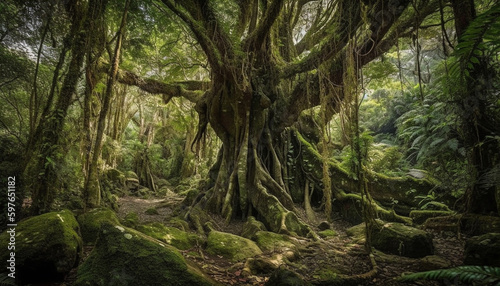 Tranquil scene of ancient tropical rainforest beauty generated by AI