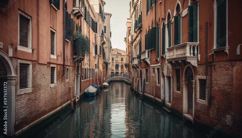 Venetian gondolier rows through majestic sunset canal generated by AI