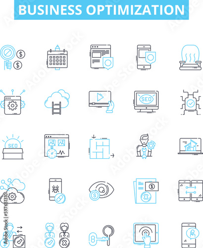 Business optimization vector line icons set. Optimize, Streamline, Automate, Enhance, Transform, Efficiency, Increase illustration outline concept symbols and signs