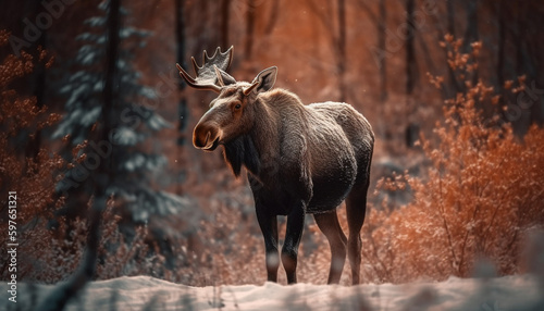 Horned elk grazes in snowy forest meadow generated by AI