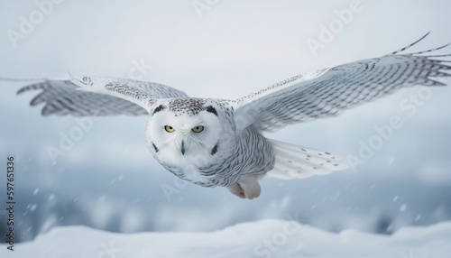 Snowy owl flying mid air spread wings tranquil generated by AI