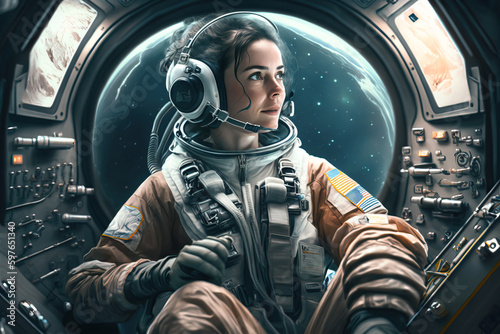 Female astronaut inside of space ship, generative ai