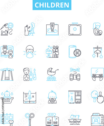 Children vector line icons set. Kids, Infants, Toddlers, Juveniles, Minors, Youths, Preteens illustration outline concept symbols and signs