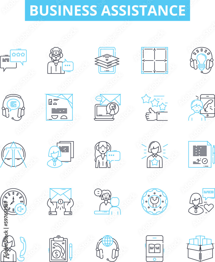 Business assistance vector line icons set. Mentoring, Consulting, Advisory, Coaching, Support, Guidance, Advice illustration outline concept symbols and signs Business assistance vector line icons set. Mentoring, Consulting, Advisory, Coaching, Support, Guidance, Advice illustration outline concept symbols and signs