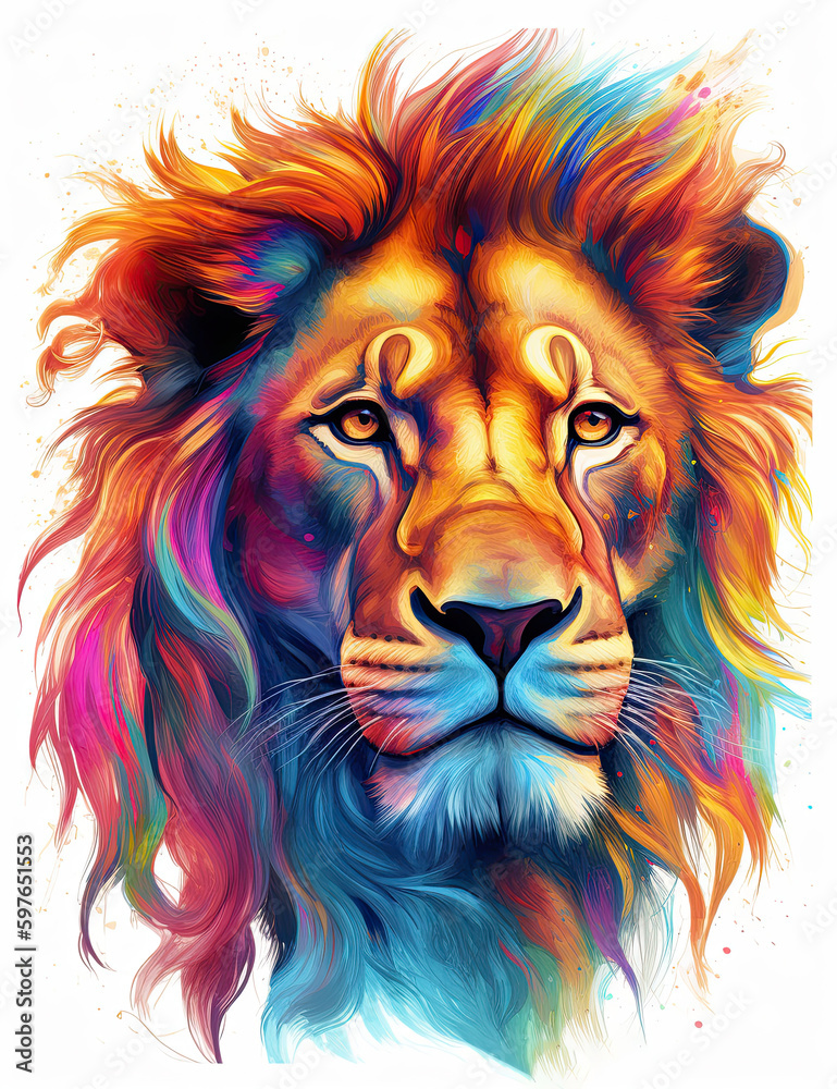 Lion, majestic, psychic wave, rainbow, fire, digital print, wall art. Generative AI Lion, majestic, psychic wave, rainbow, fire, digital print, wall art. Generative AI