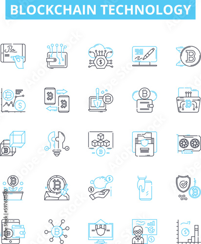 Blockchain technology vector line icons set. Blockchain, Technology, Cryptocurrency, Bitcoin, Decentralized, Ethereum, Mining illustration outline concept symbols and signs