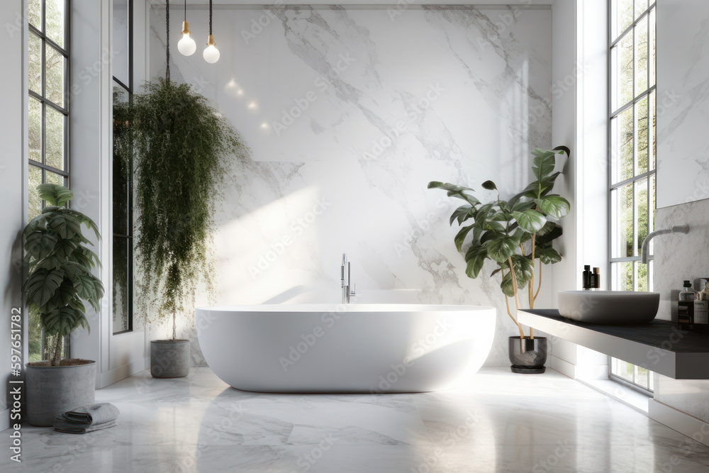 A bright and inviting white bathtub placed next to a window, providing natural light and a tranquil atmosphere. The perfect space for a refreshing and rejuvenating soak. AI Generative. A bright and inviting white bathtub placed next to a window, providing natural light and a tranquil atmosphere. The perfect space for a refreshing and rejuvenating soak. AI Generative.