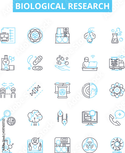 Biological research vector line icons set. Biology, Research, Biochemistry, Genetic, Microbiology, Organism, Cell illustration outline concept symbols and signs