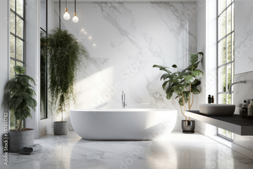 A bright and inviting white bathtub placed next to a window  providing natural light and a tranquil atmosphere. The perfect space for a refreshing and rejuvenating soak. AI Generative.