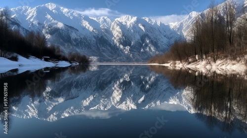 美しい湖に反射するアルプス：AI作品 