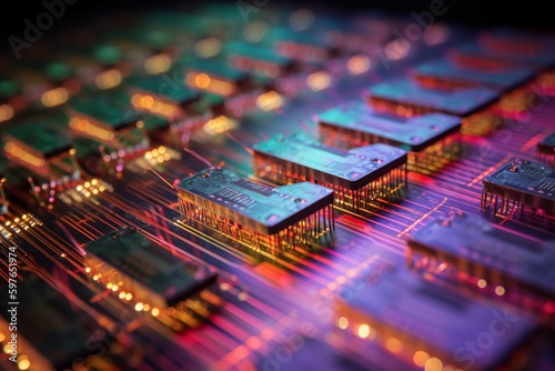 electronic circuit board close up, microcircuit in an illuminated motherboard, integrated microchip processor, generative AI