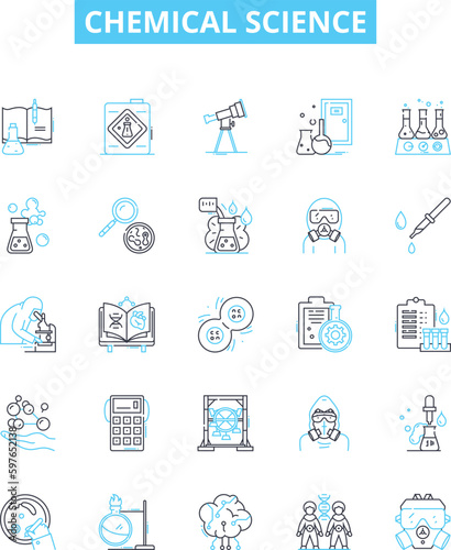 Chemical science vector line icons set. Chemistry, molecules, reactants, compounds, elements, atoms, formulas illustration outline concept symbols and signs