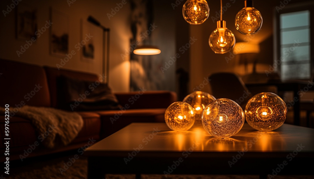 Luxury chandelier illuminates modern living room decor generated by AI