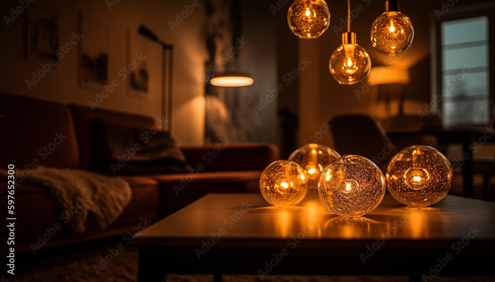 Luxury chandelier illuminates modern living room decor generated by AI Luxury chandelier illuminates modern living room decor generated by AI
