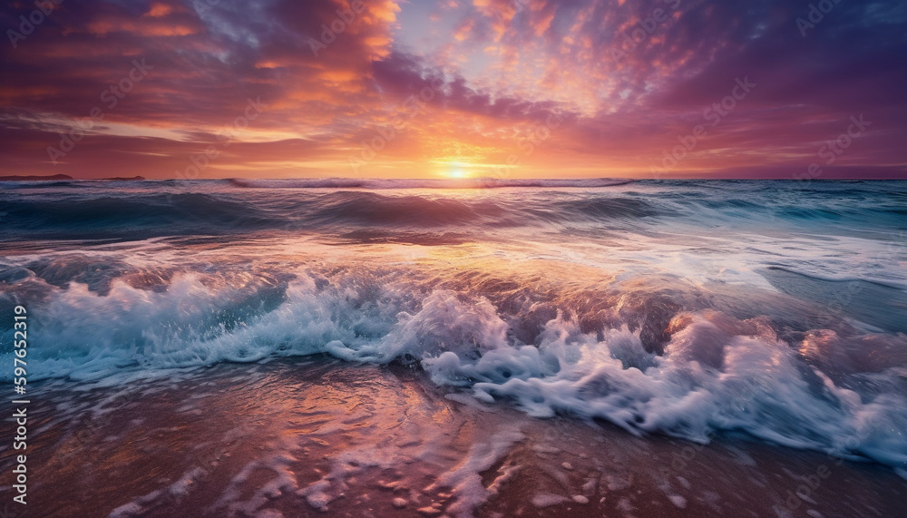 Fototapeta premium Sunset over the tranquil seascape beauty in nature generated by AI