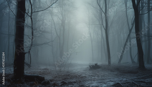 Spooky silhouette walks through foggy forest trail generated by AI