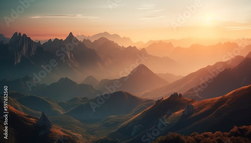 Majestic mountain range back lit by sunset generated by AI