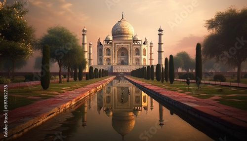 Marble mausoleum reflects sunset symbolizing Indian spirituality generated by AI
