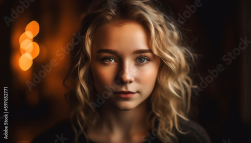 Wallpaper Mural Beautiful young woman with curly brown hair smiling generated by AI Torontodigital.ca