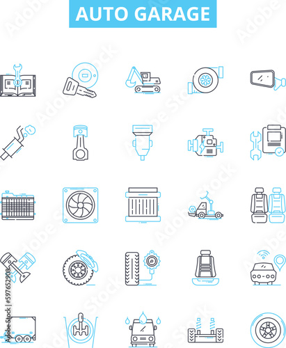 Auto garage vector line icons set. Auto, Garage, Repair, Service, Tune-up, Oil, Change illustration outline concept symbols and signs