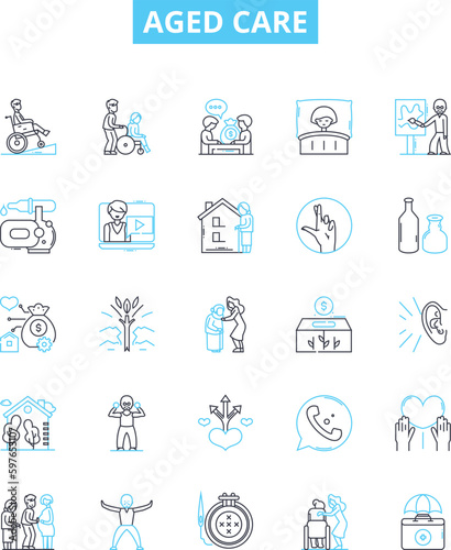 Aged care vector line icons set. Aging, Care, Elderly, Assisted, Supportive, Nursing, Retirement illustration outline concept symbols and signs