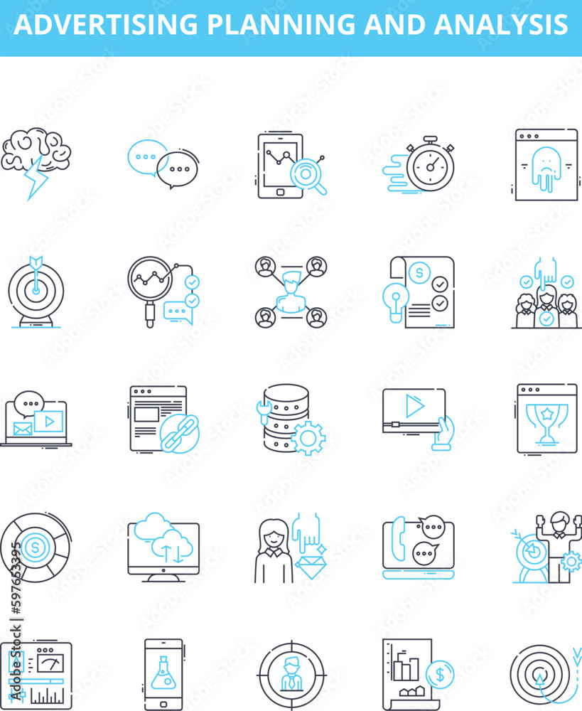 Advertising planning and analysis vector line icons set. Advertising, Planning, Analysis, Strategies, Research, Budgeting, Scheduling illustration outline concept symbols and signs Advertising planning and analysis vector line icons set. Advertising, Planning, Analysis, Strategies, Research, Budgeting, Scheduling illustration outline concept symbols and signs