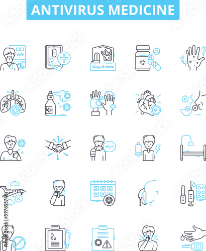 Antivirus medicine vector line icons set. Antiviral, Medicine, Security, Protection, Virus, Software, Shield illustration outline concept symbols and signs