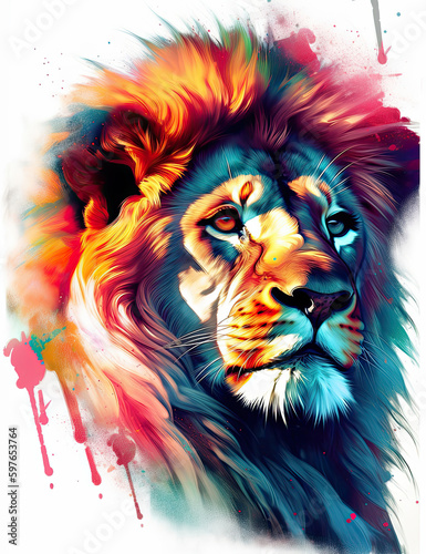 Lion, majestic, psychic wave, rainbow, fire, digital print, wall art. Generative AI