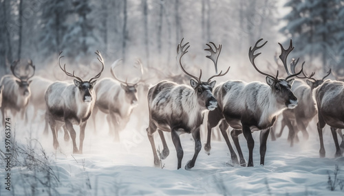 Herd of deer grazing in snowy forest generated by AI © Jeronimo Ramos