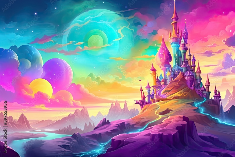 Colorful castle landscape with clouds. Generative AI.