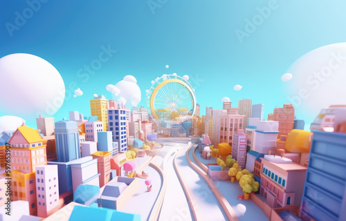 A bright city skyline buildings with strong sunlight and blue sky. Generative AI. 