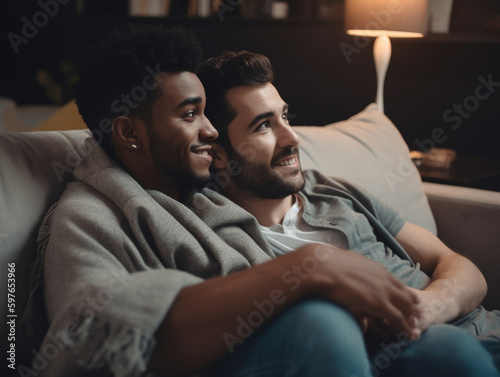 A Biracial Gay Couple Cuddled Up on the Couch Watching TV | Generative AI