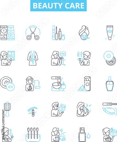 Beauty care vector line icons set. Skincare, cosmetics, hygiene, make-up, hair, facials, nails illustration outline concept symbols and signs