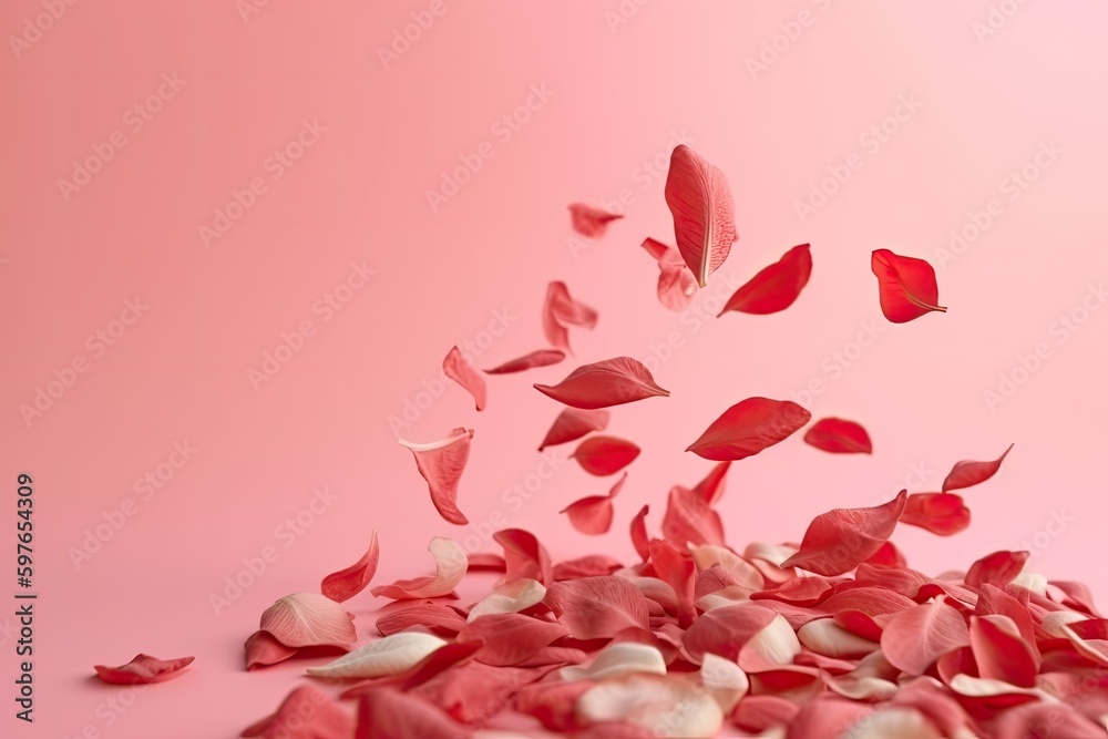 Pink and red rose petals at the pastel color background. Generative AI. Pink and red rose petals at the pastel color background. Generative AI.