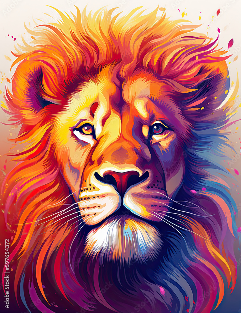 Lion, majestic, psychic wave, rainbow, fire, digital print, wall art. Generative AI