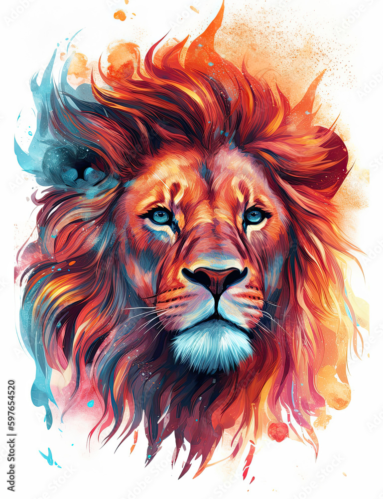 Lion, majestic, psychic wave, rainbow, fire, digital print, wall art. Generative AI Lion, majestic, psychic wave, rainbow, fire, digital print, wall art. Generative AI