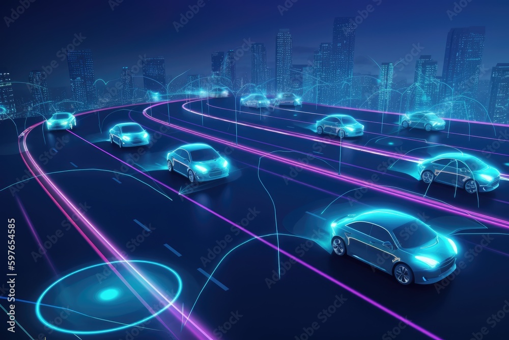 Auto drive car system on the road for future. Generative AI.