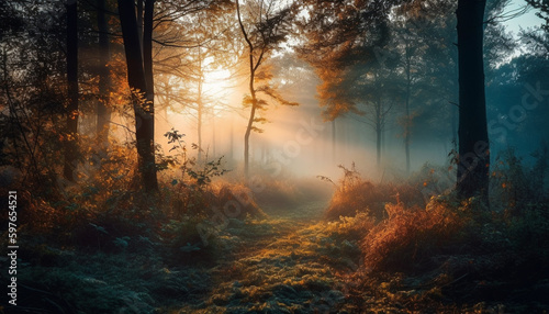 Mysterious autumn forest tranquil sunrise fiery foliage generated by AI