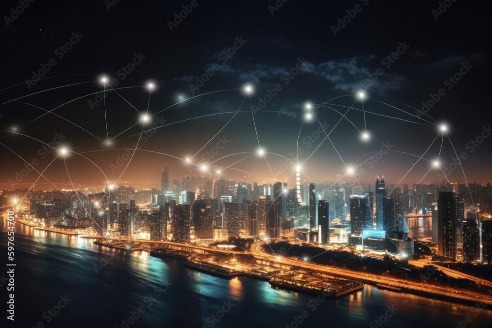 Fototapeta premium Technology city skyline at night connects the whole city. Generative AI.
