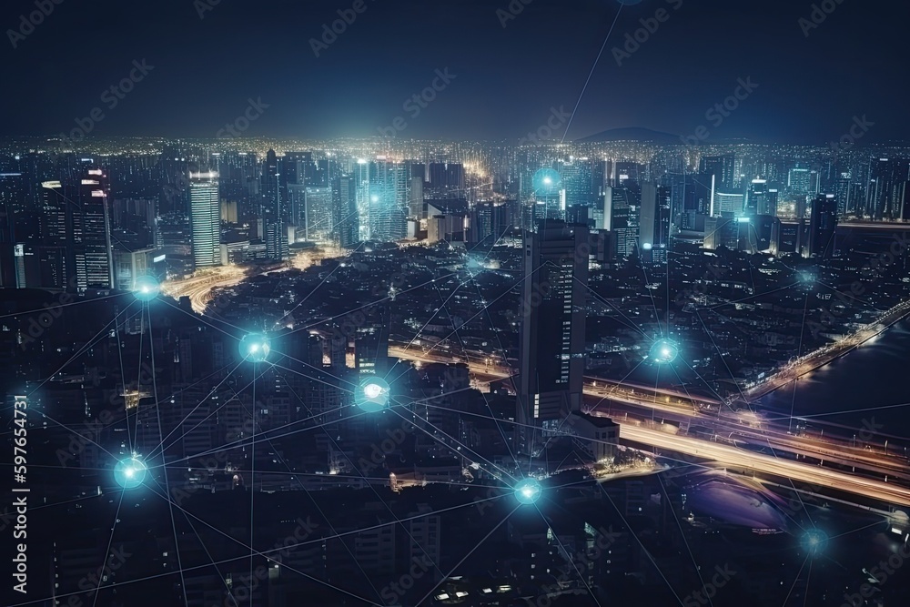 Technology city skyline at night connects the whole city. Generative AI.