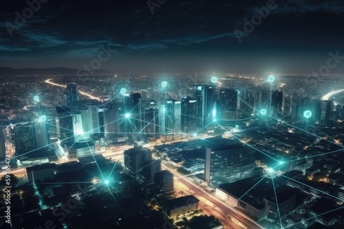 Technology city skyline at night connects the whole city. Generative AI.