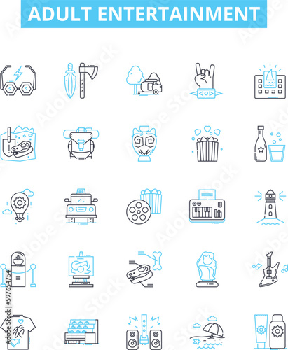 Adult entertainment vector line icons set. Adult, Entertainment, Stripping, Pornography, Videochatting, Stripclubs, Clubs illustration outline concept symbols and signs