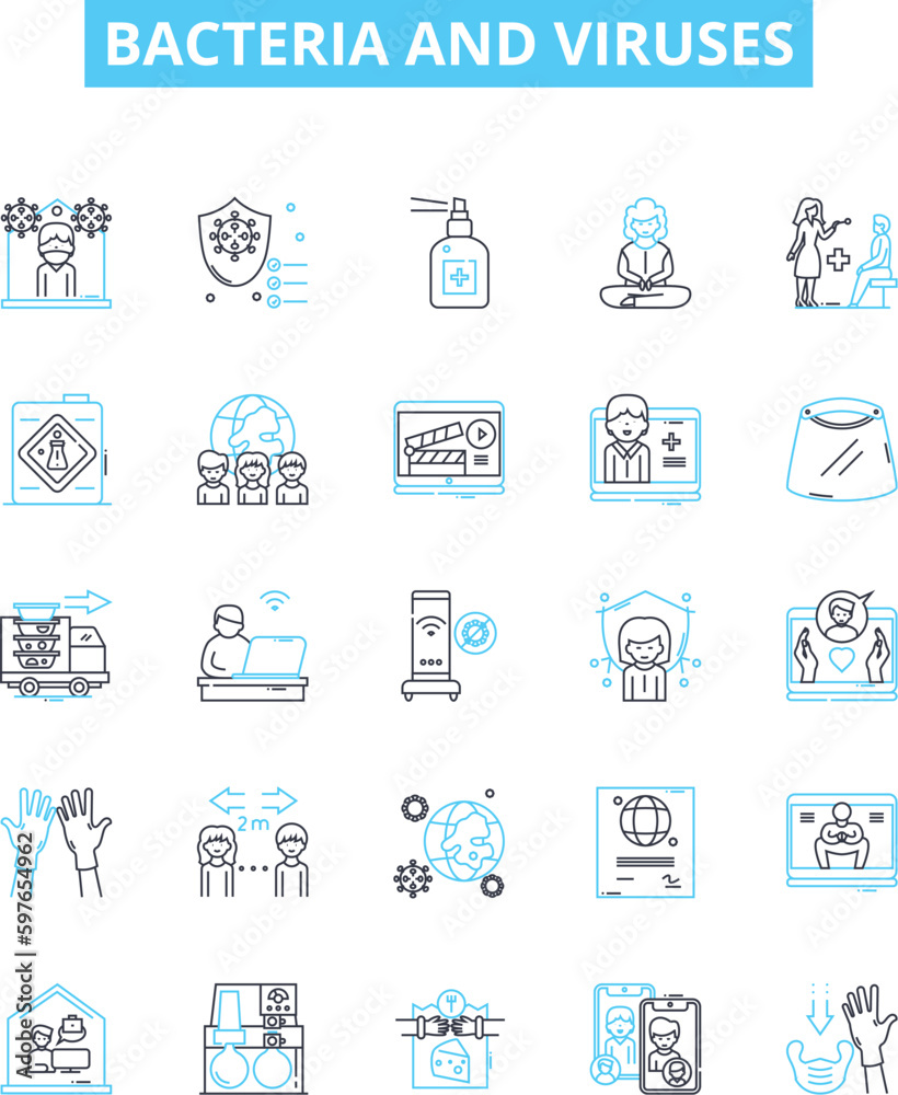 Bacteria and viruses vector line icons set. Bacteria, Viruses, Microbes, Pathogens, Antibiotic, Antimicrobial, Antiviral illustration outline concept symbols and signs