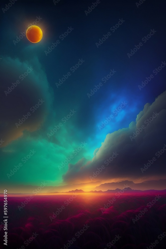 Wallpaper: Collision of blue and green sky with a purple field. Wallpaper: Collision of blue and green sky with a purple field.