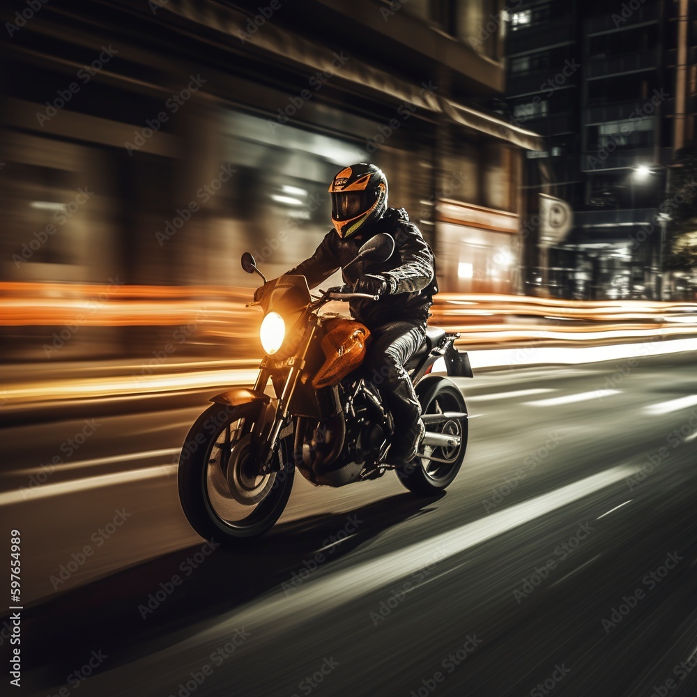 rider on a motorcycle at night of city.
