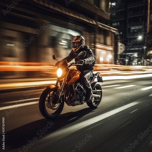 rider on a motorcycle at night of city. © KKC Studio