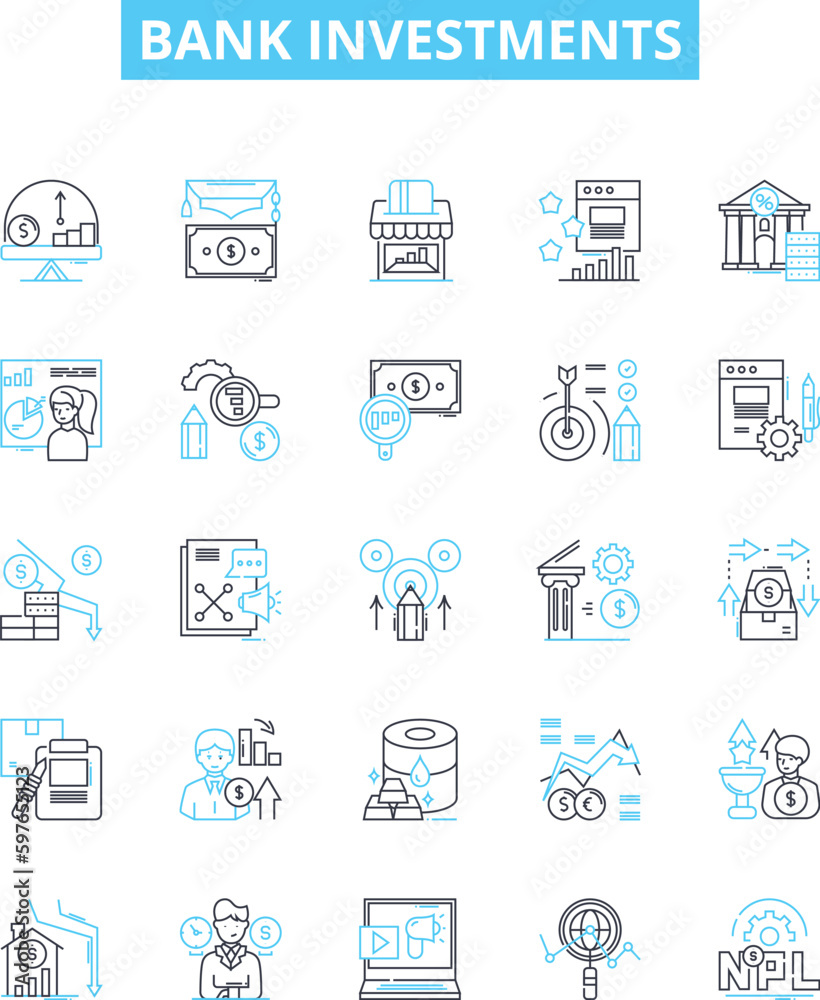 Bank investments vector line icons set. Savings, Stocks, Bonds, Mutual Funds, Funds, Assets, Mortgage illustration outline concept symbols and signs