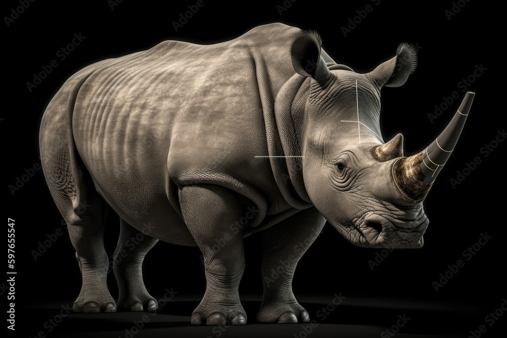 Obraz premium Gray rhino on a black background.